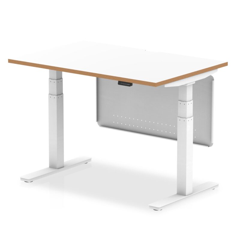 Oslo Air Height Adjustable Desk White Top Natural Wood Edge White Frame with White Steel Modesty Panel - Image 6